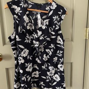 Ann Taylor Navy and White Floral Ruffle Neck Sleeveless Top